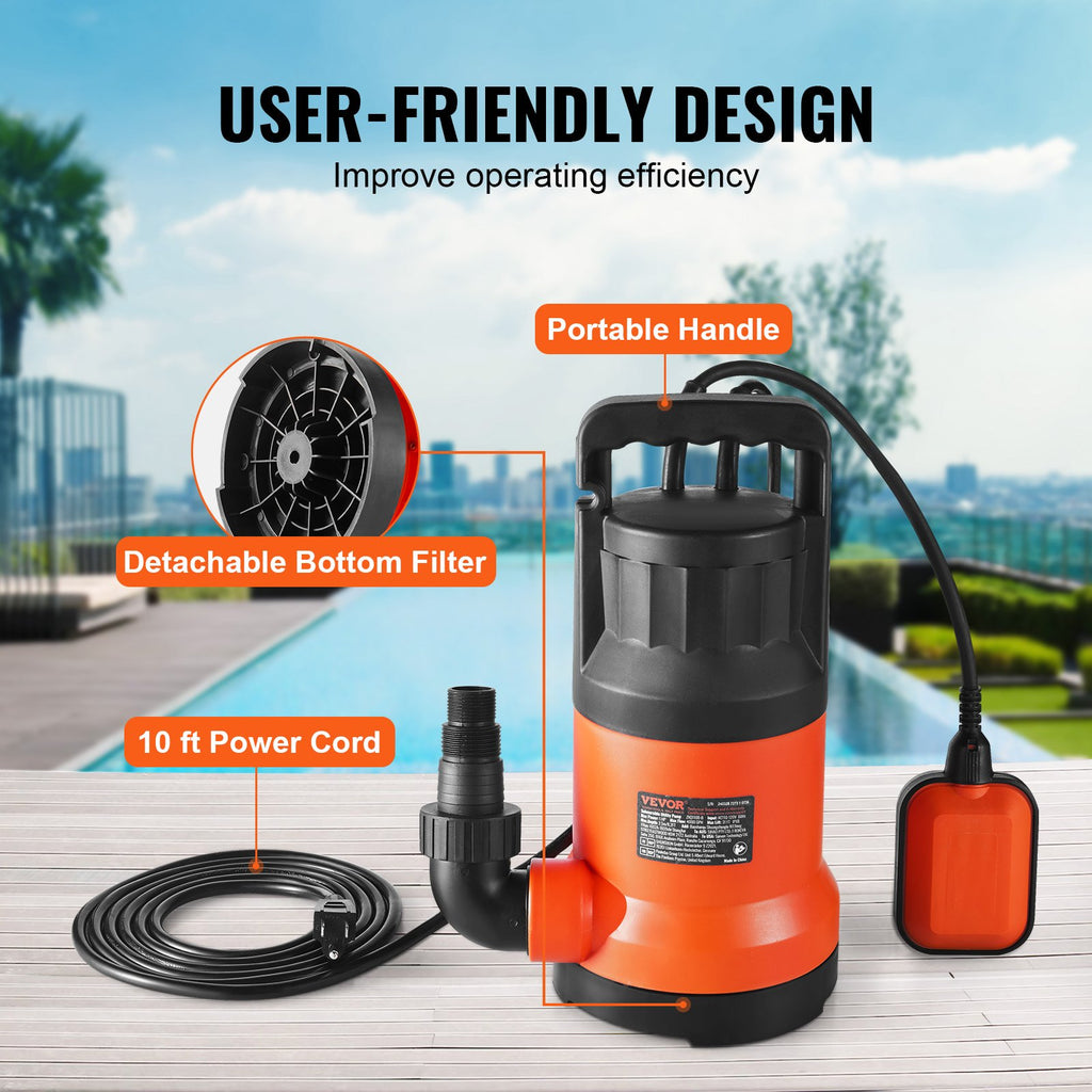 1 HP, 4000 GPH High Flow, 31 Ft Head, Sump Pump Submersible Water Pump Portable Utility Pump With 10 Ft Long Power Cord - Pool and Spa