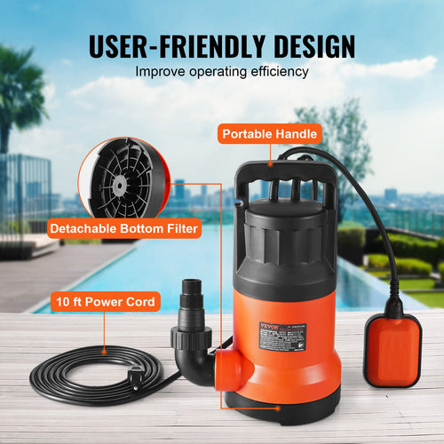 1 HP, 4000 GPH High Flow, 31 Ft Head, Sump Pump Submersible Water Pump Portable Utility Pump With 10 Ft Long Power Cord - Pool and Spa