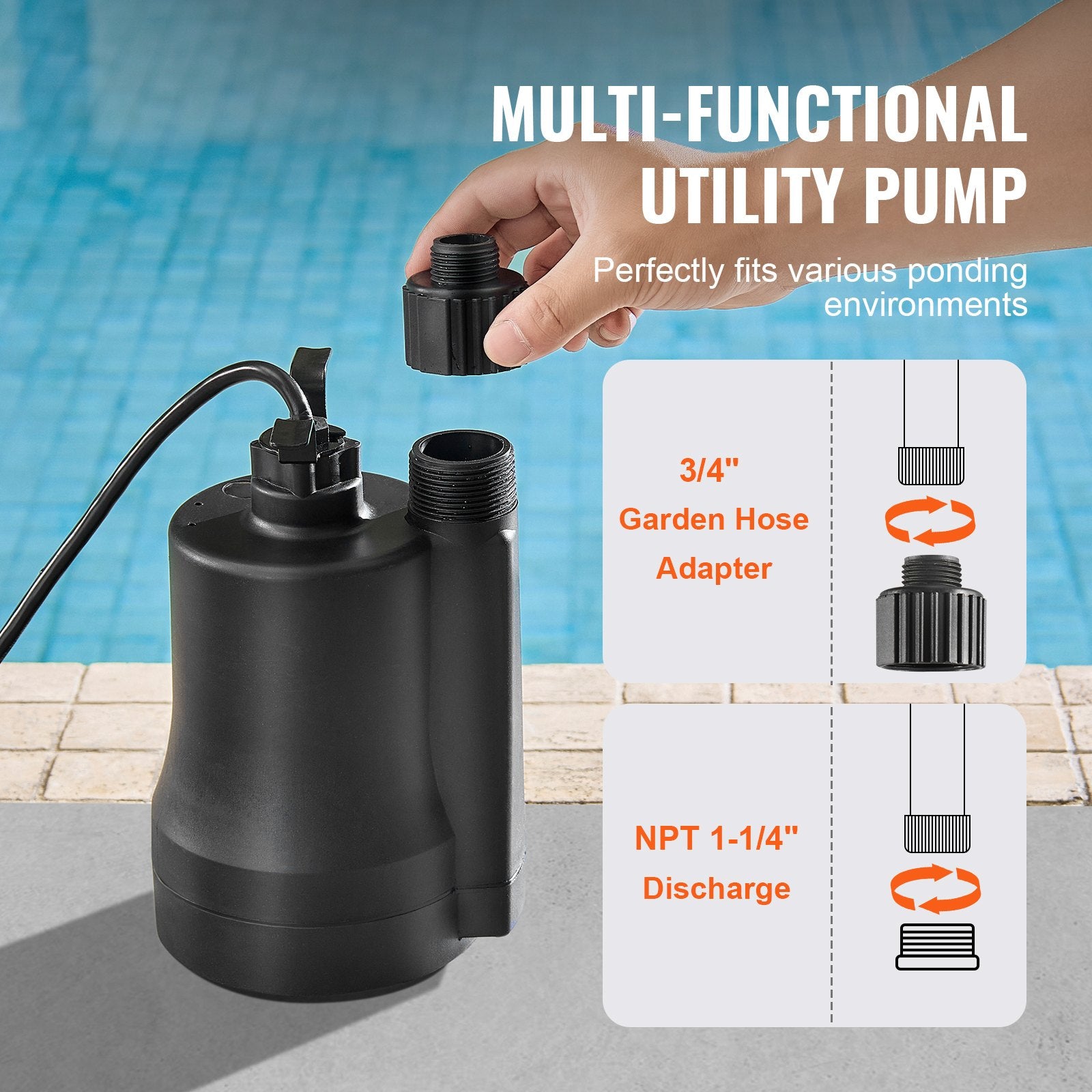 1/3 HP, 2450 GPH High Flow, 30 Ft Head, Sump Pump Submersible Water Pump for Hot Tubs and Pools
