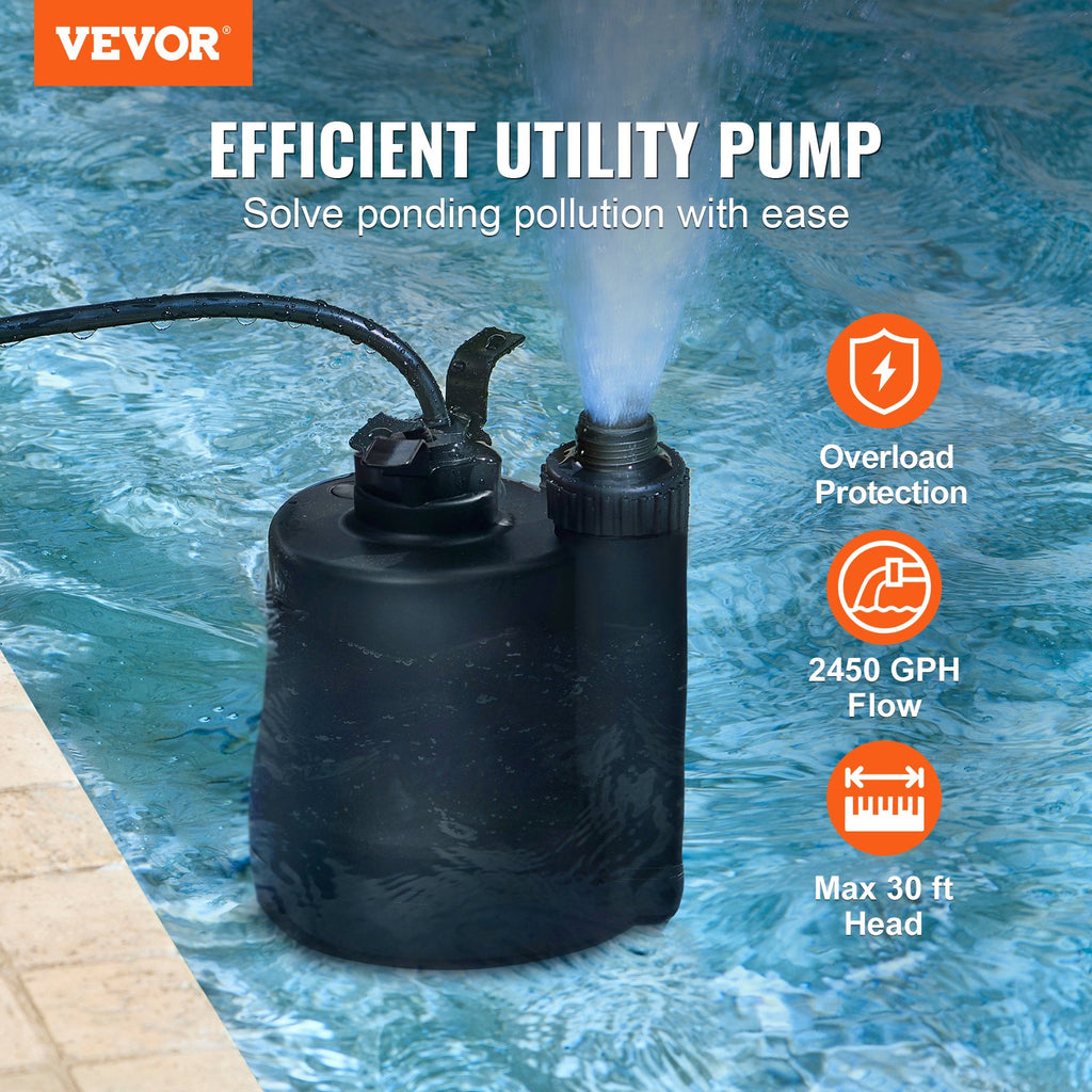 1/3 HP, 2450 GPH High Flow, 30 Ft Head, Sump Pump Submersible Water Pump for Hot Tubs and Pools