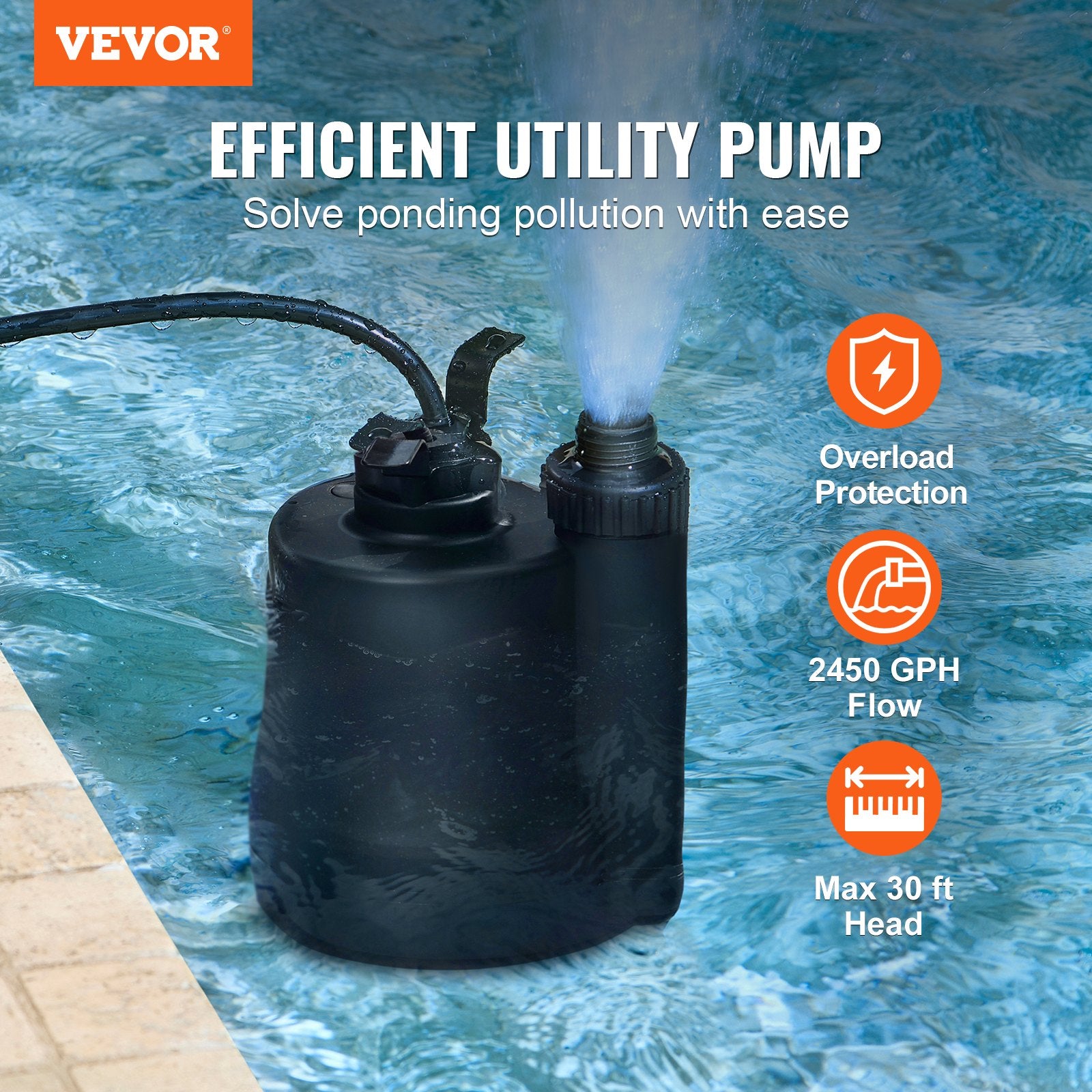 1/3 HP, 2450 GPH High Flow, 30 Ft Head, Sump Pump Submersible Water Pump for Hot Tubs and Pools