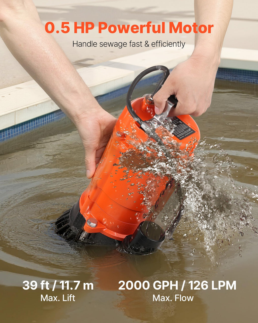 1/2 HP Submersible Pump, 2000 GPH, 120V Cast Iron Submersible Sump - Pool and Spa