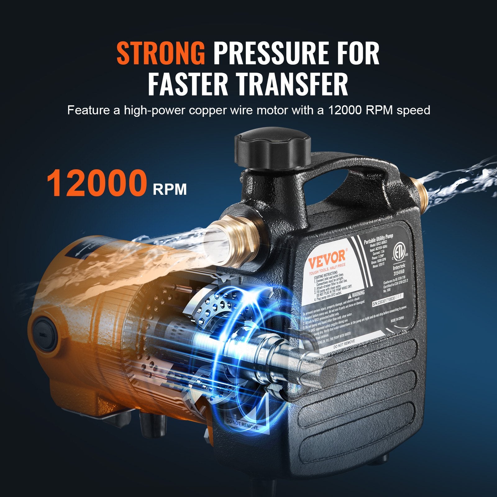 Cast Iron Water Transfer Pump, 115V AC 1600 GPH 1/2HP, Portable Electric Utility Pump With Carbon Brush, Filter, Brass Connectors