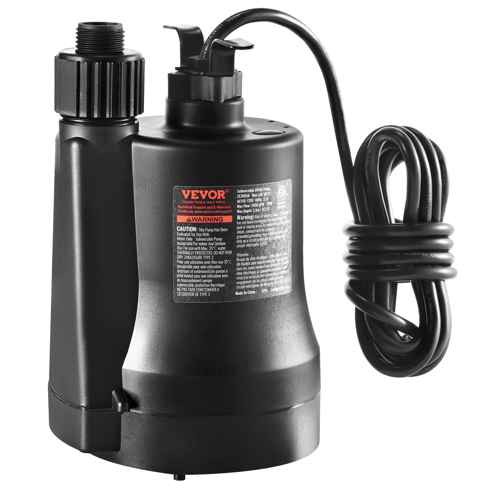 1/3 HP, 2450 GPH High Flow, 30 Ft Head, Sump Pump Submersible Water Pump for Hot Tubs and Pools