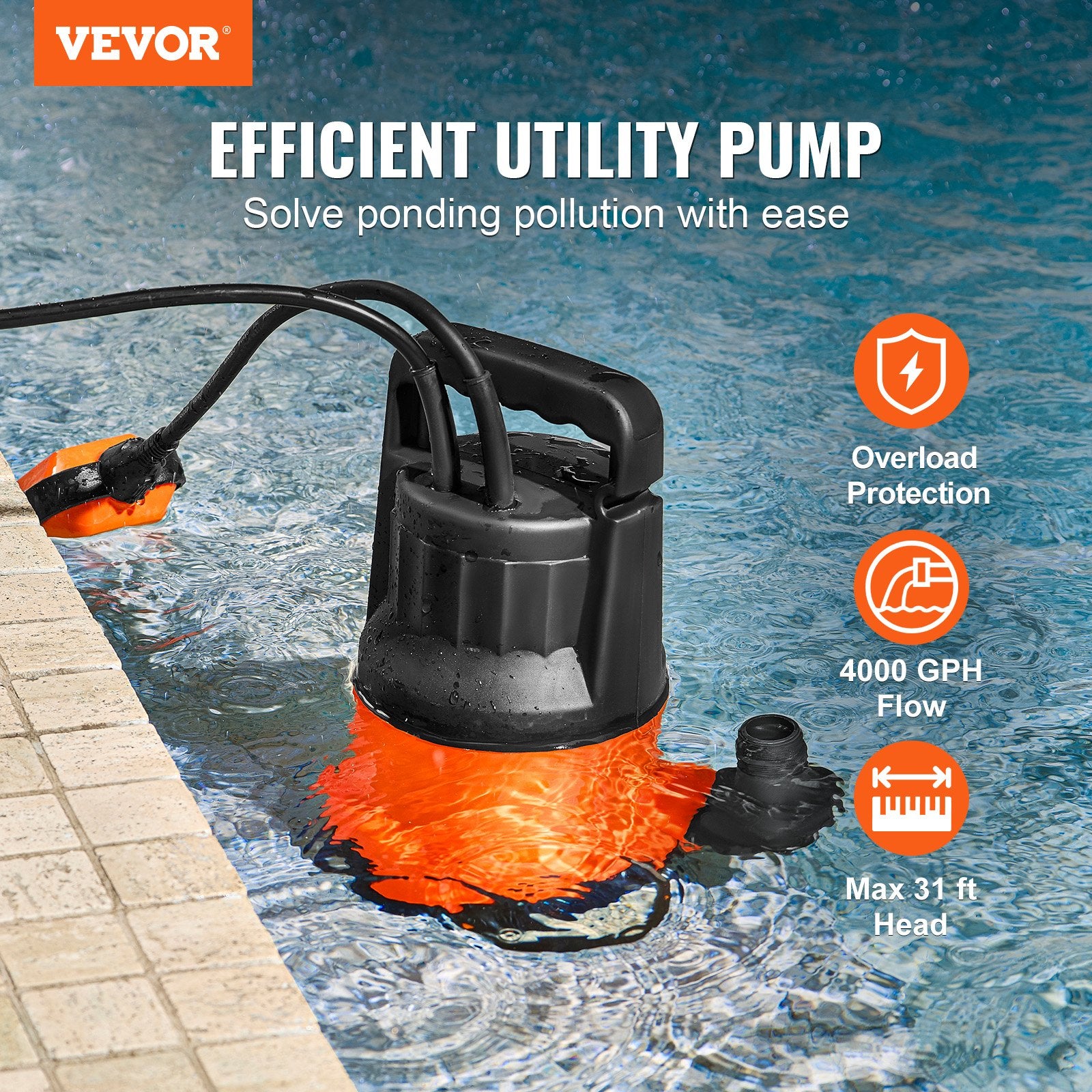 1 HP, 4000 GPH High Flow, 31 Ft Head, Sump Pump Submersible Water Pump Portable Utility Pump With 10 Ft Long Power Cord - Pool and Spa