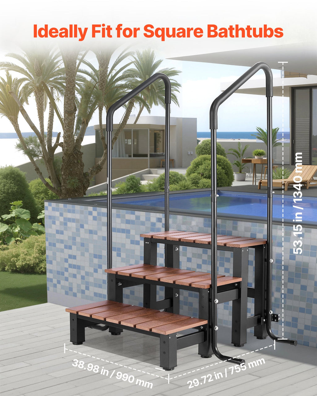 Hot Tub Steps With Handrail, 3-Step Spa Outdoor Stairs