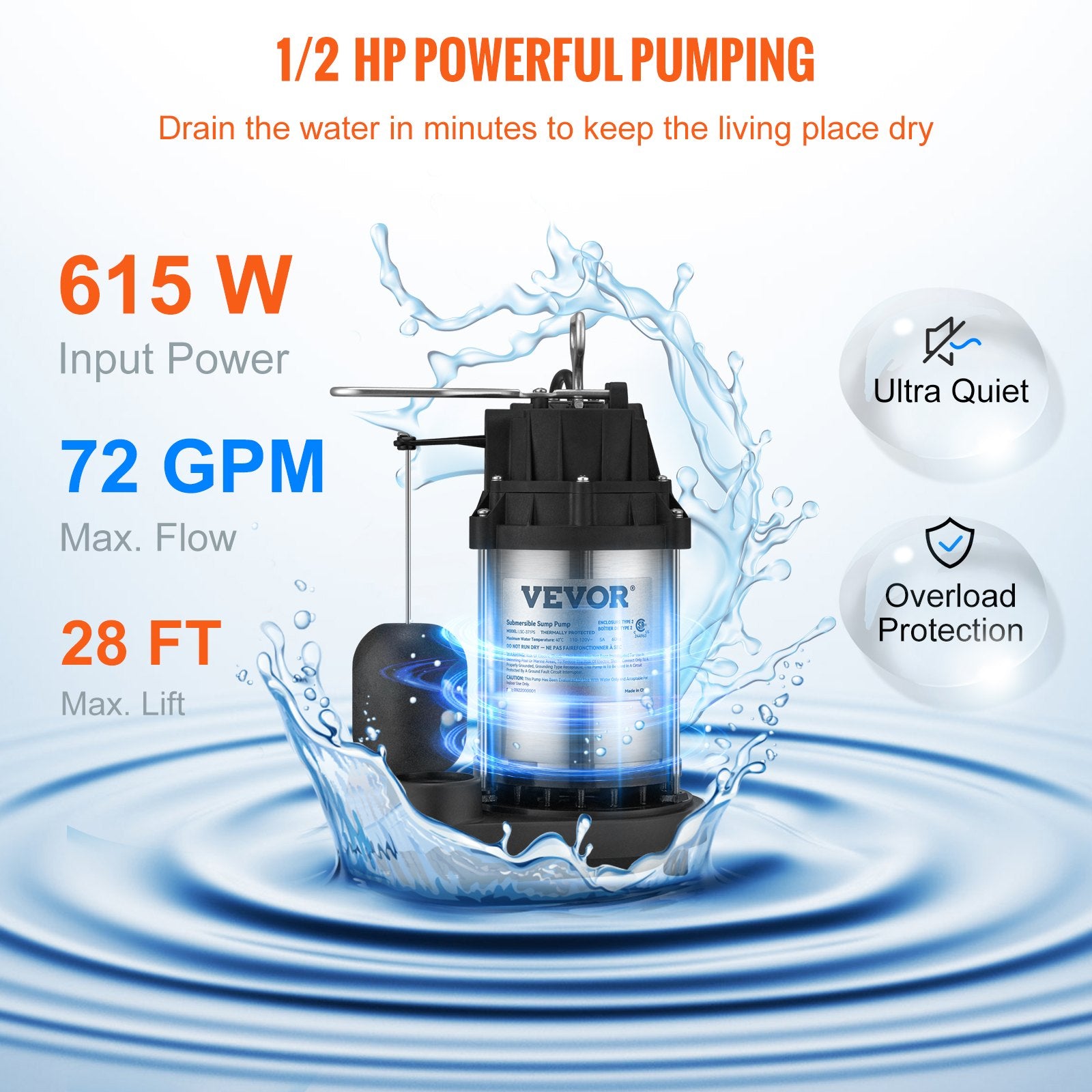Sump Pump, 1/2 HP 3960 GPH, Submersible Stainless Steel Water Pump, 1-1/2" NPT Discharge With 33 Ft Cord, Automatic Float Switch With Piggy-back Plug